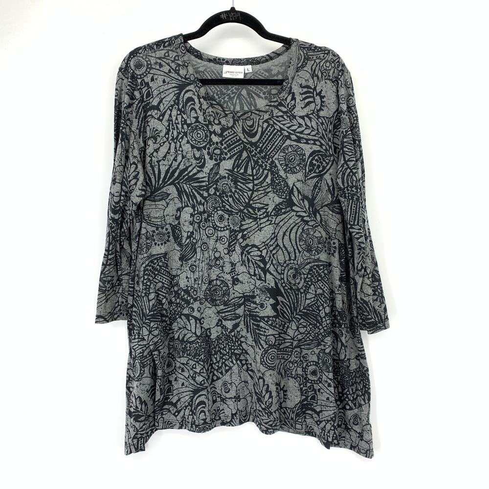 Prairie Cotton Top Womens Large Gray Black Abstract Batik Print 3/4 Sleeve Tunic